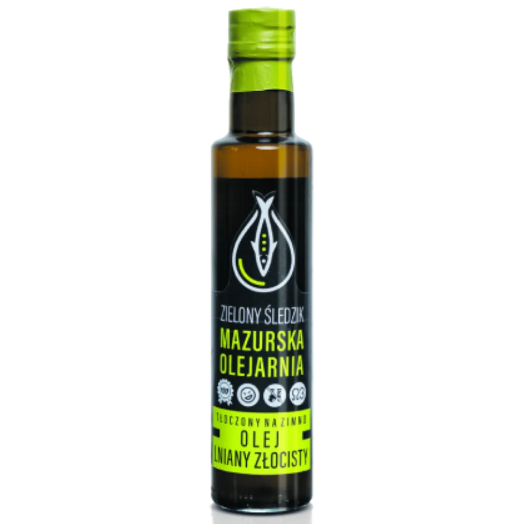 Olej Lniany Złocisty 250ml | Zielony Śledzik Mazurska Olejarnia - Gospodarstwo Pasieczne Leśny Dwór