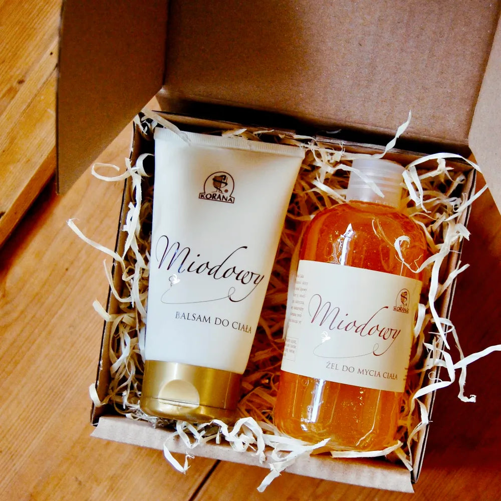 Miodowe kosmetyki: balsam do ciała i żel do mycia ciała w ozdobnym pudełku prezentowym