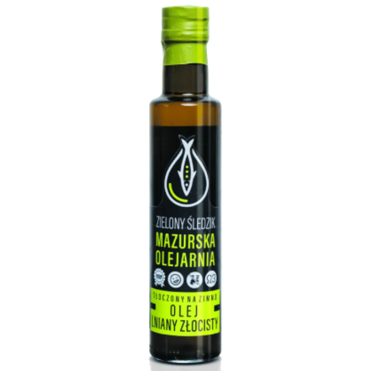 Olej Lniany Złocisty 250ml | Zielony Śledzik Mazurska Olejarnia - Gospodarstwo Pasieczne Leśny Dwór
