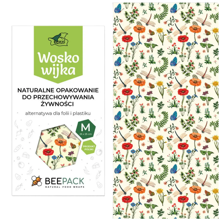 Woskowijka BeePack M 25 x 25 cm z naturalnego wosku pszczelego, z kwiatowym wzorem, ekologiczna alternatywa dla folii i plastiku do pakowania kanapek i przechowywania żywności.