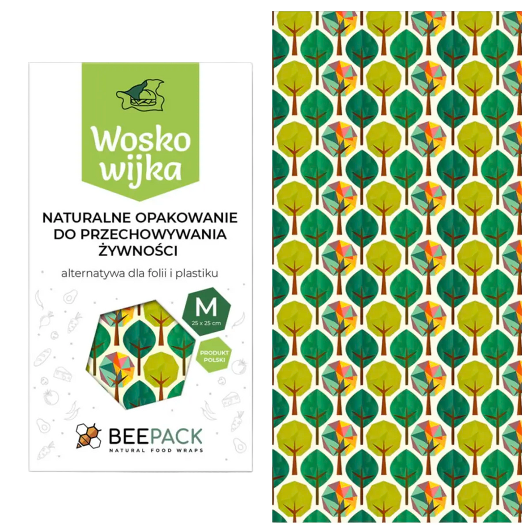 Woskowijka Malu BeePack M 25 x 25 cm z naturalnego wosku pszczelego, z zielonym wzorem w drzewa, ekologiczna alternatywa dla folii i plastiku.