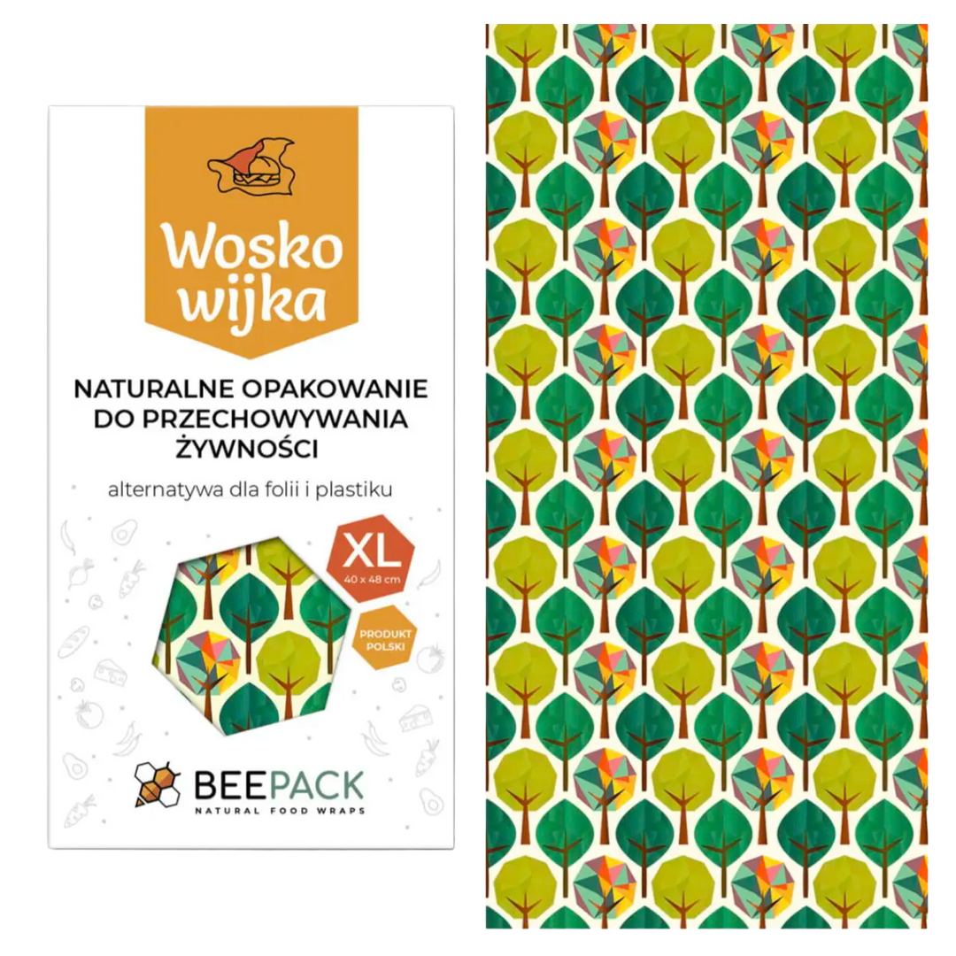 Woskowijka BeePack XL 40 x 48 cm z naturalnego wosku pszczelego z zielonym wzorem w drzewa, do pakowania i przechowywania większych produktów spożywczych.