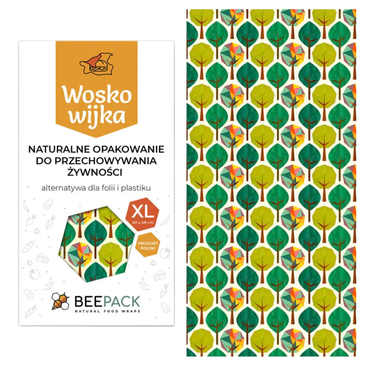 Woskowijka BeePack XL 40 x 48 cm z naturalnego wosku pszczelego z zielonym wzorem w drzewa, do pakowania i przechowywania większych produktów spożywczych.
